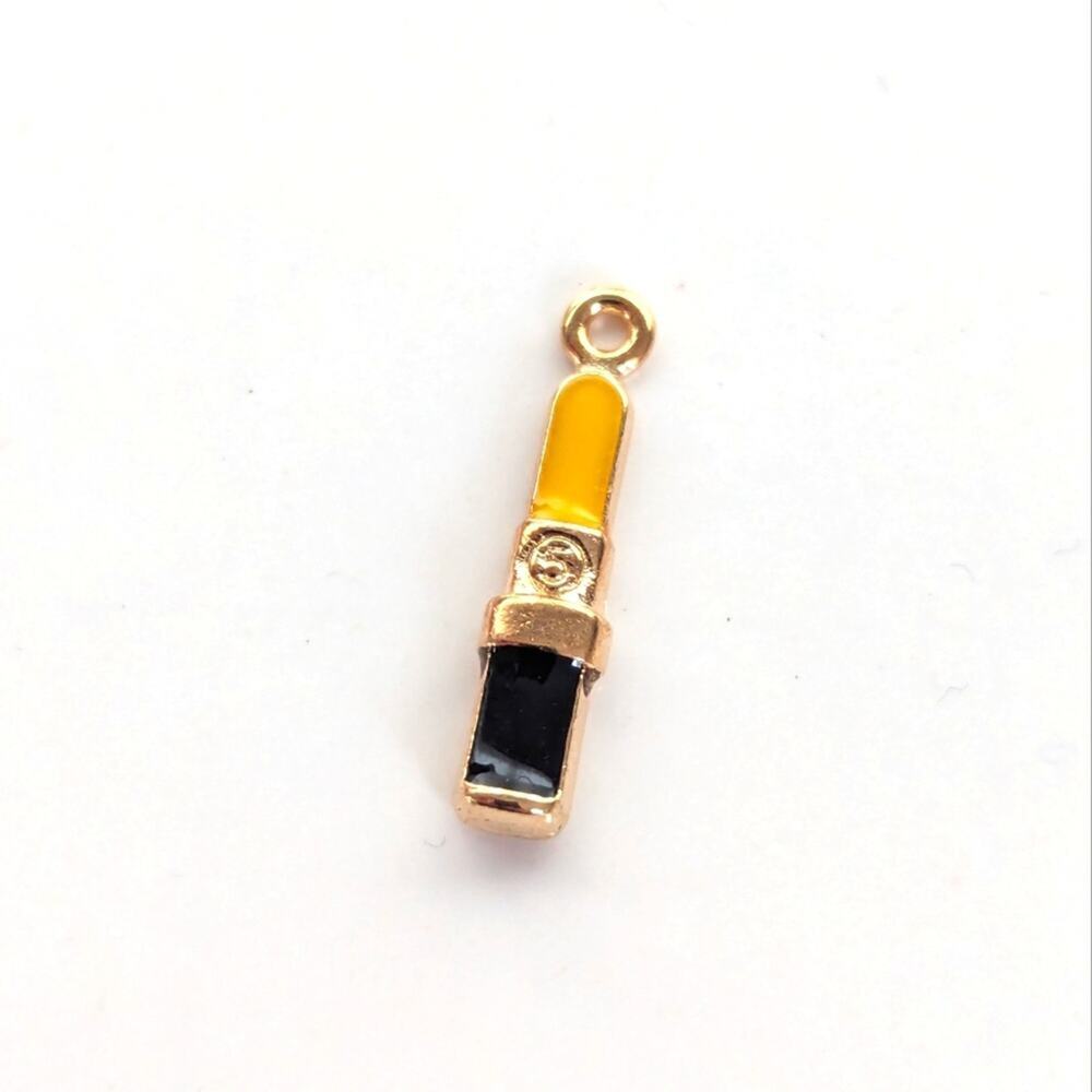 Vintage Designer Style Gold Tone Black Enamel Mini Lipstick Bracelet Charm